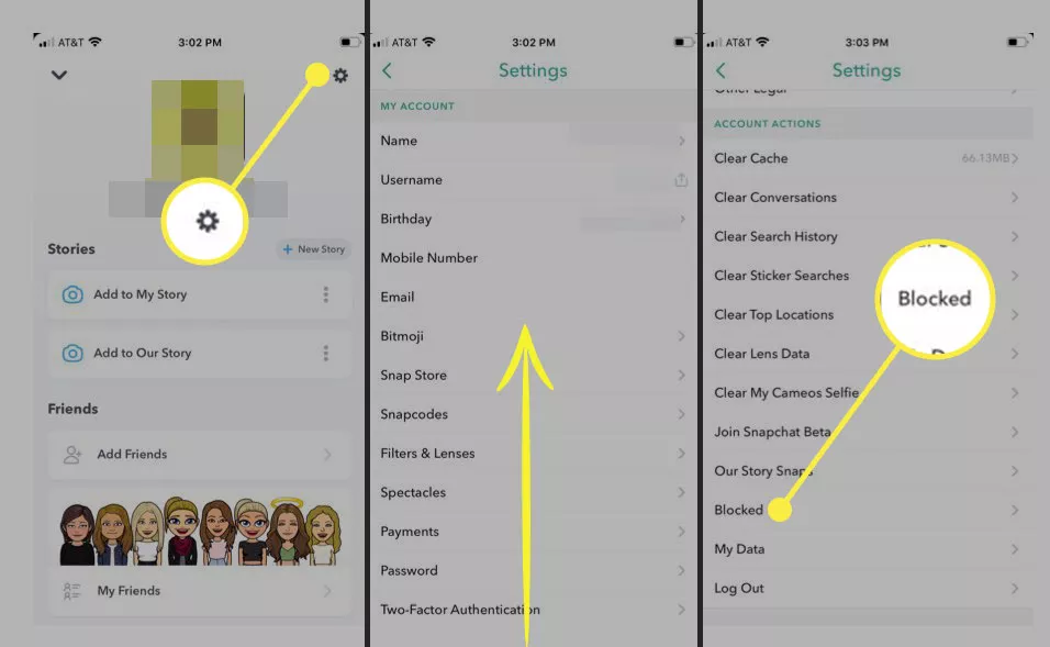 Snapchat with the Settings Gear and Blocked heading highlighted