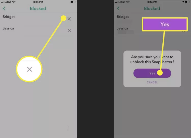 Snapchat with the Remove from Block and Yes buttons highlighted